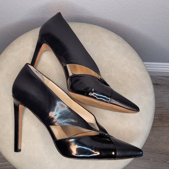 Nine West Black Leather Patent Cross Strap Pumps 12M Rare Elegant Stiletto Heels - Picture 4 of 10